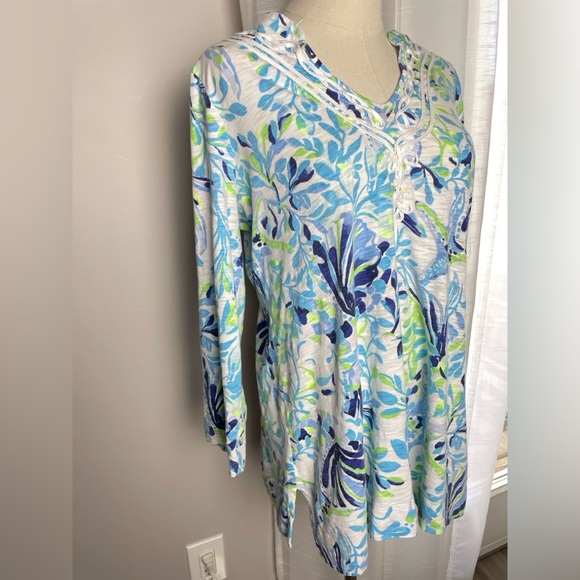 Lilly Pulitzer Blue Kaia Knit Tunic Top Resort White Shell Beach Size Large - Picture 3 of 8